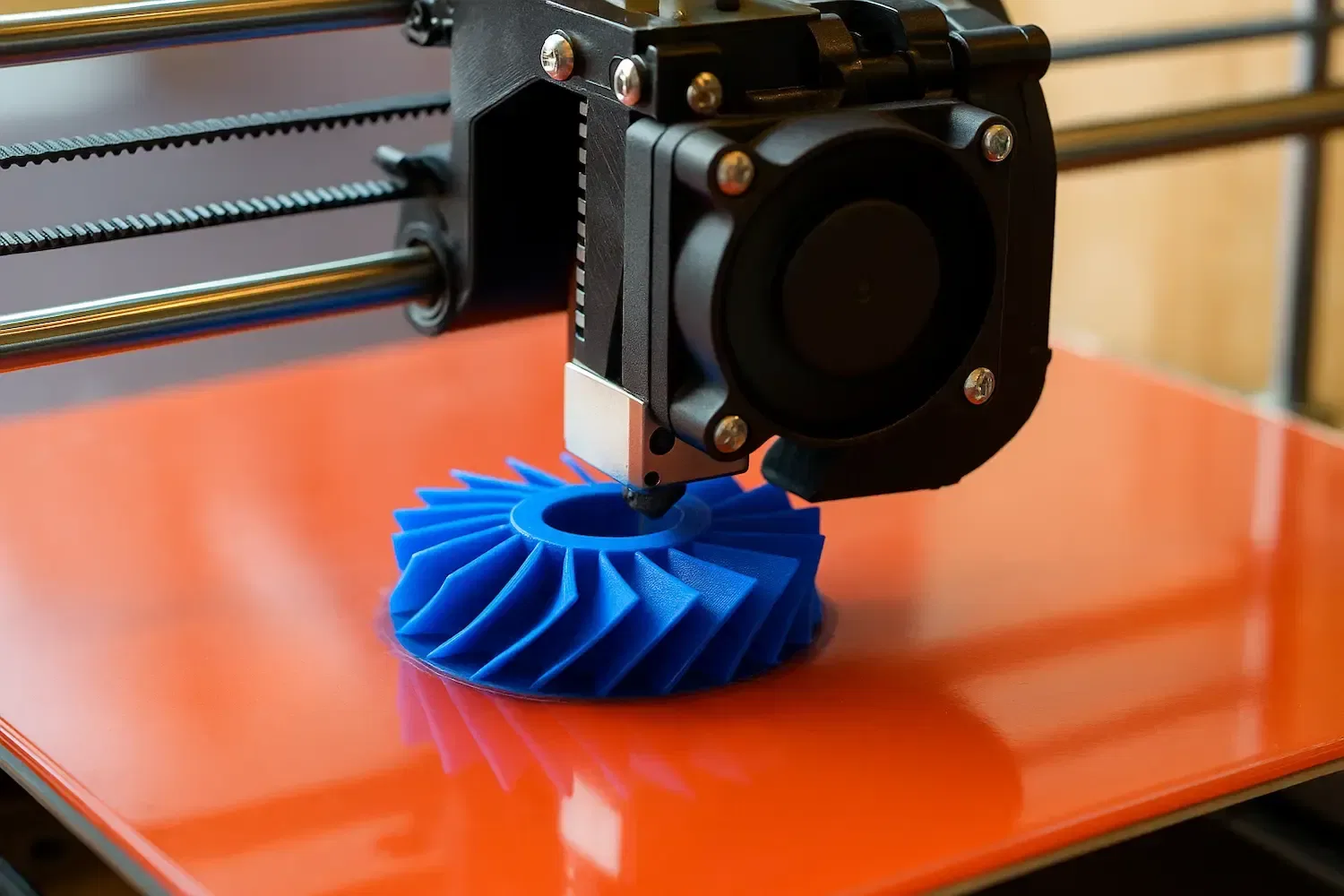 3D printer in progress of printing a blue turbine on orange platform