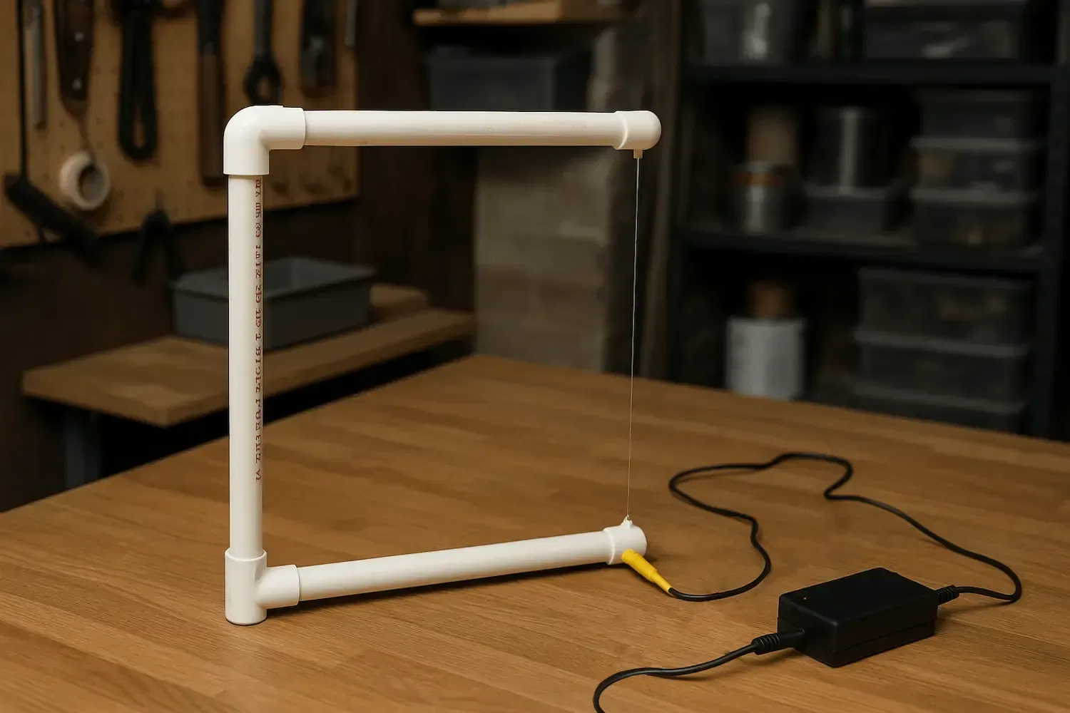 hotwire rig for cutting foam on a work bench