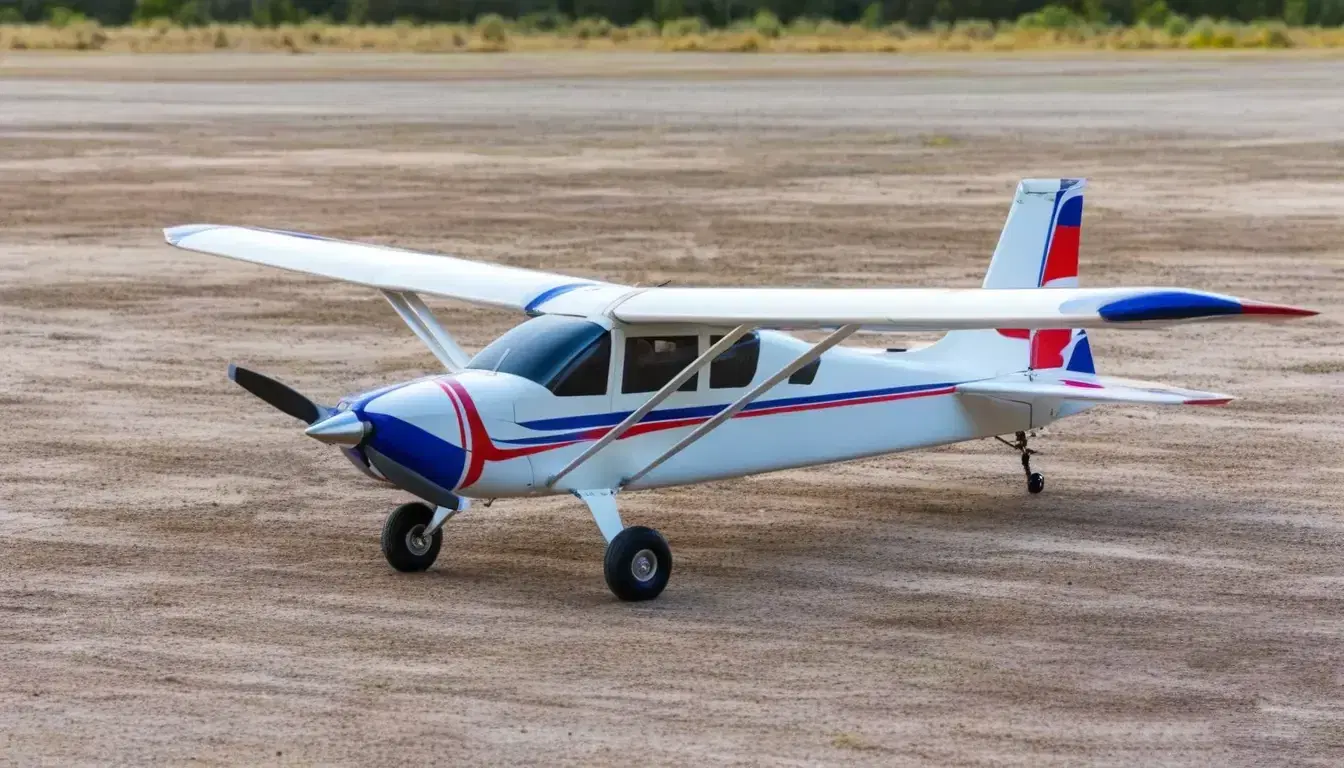 RC airplane on sand and bushes in the background